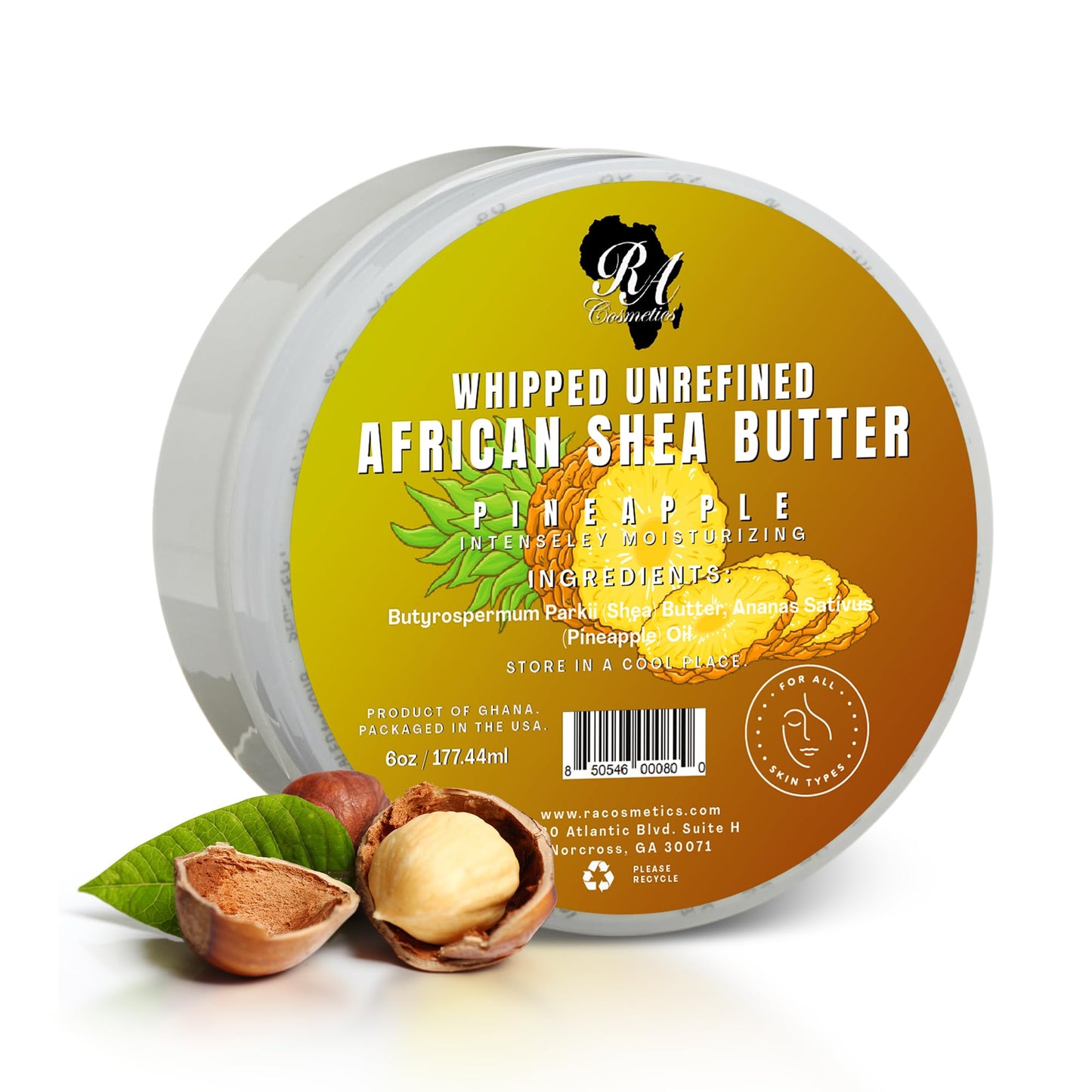 RA COSMETICS Whipped Shea Butter Pineapple 6oz – 100% Pure Natural African Shea Butter, Handcrafted Moisturizer with Vitamins for Skin