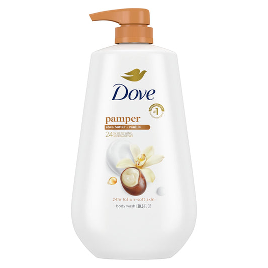 Dove Body Wash with Pump Pamper Shea Butter & Vanilla for 24hr Lotion-Soft Skin Moisturizing Skin Cleanser with No Sulfates No Parabens 30.6 oz