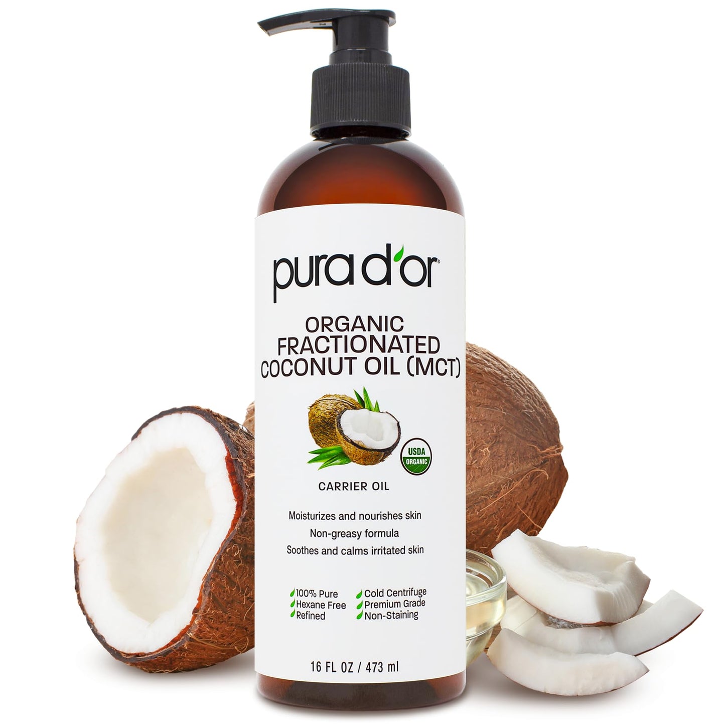 PURA D'OR 16oz Organic Fractionated Coconut Oil - MCT Carrier Oil, 100% Pure, Cold Pressed, Unscented, Hexane-Free for Hair, Skin & Face
