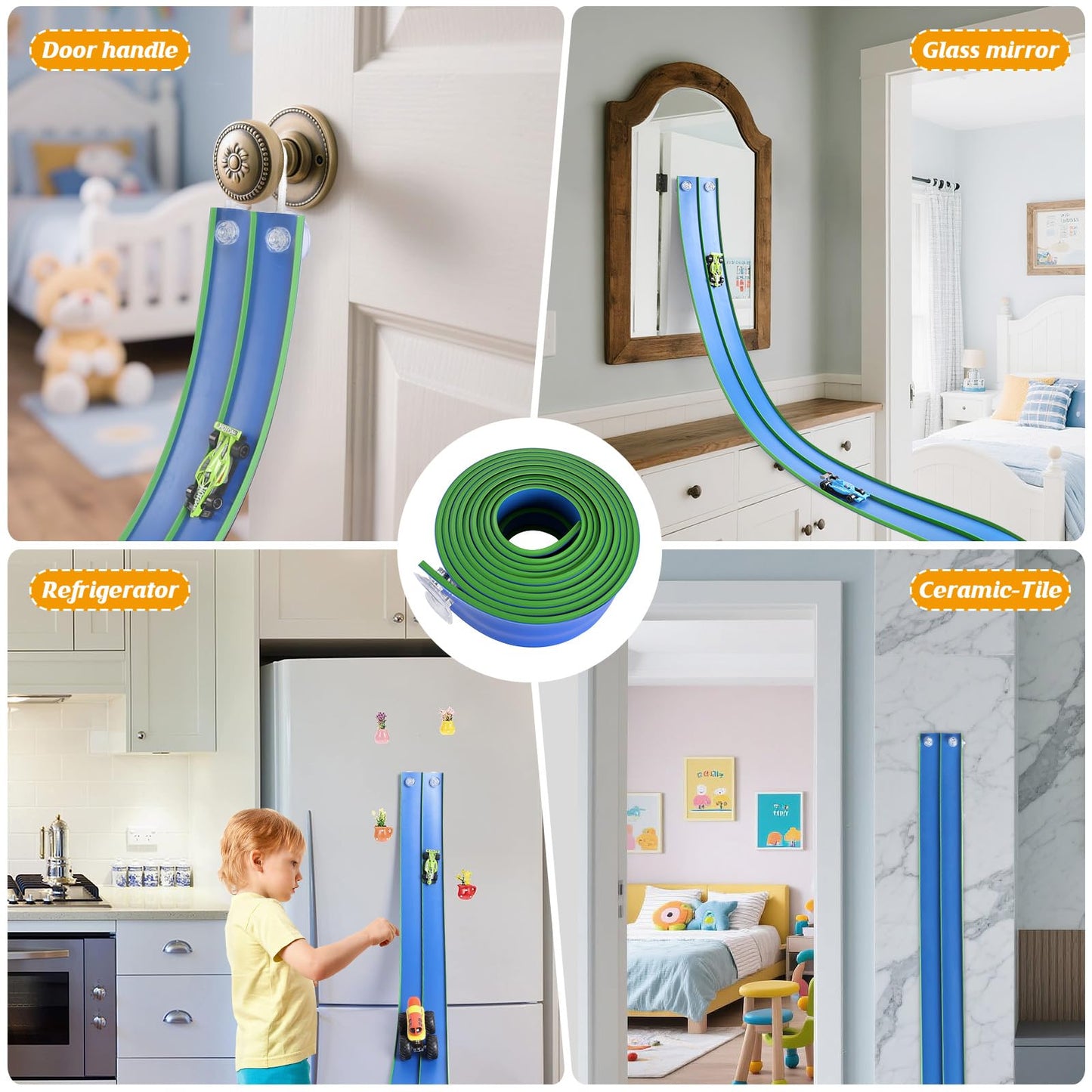 Flexible 15ft Race Car Track Starter Set with Suction Cups, 1:64 Diecast Cars, Portable Roll-Up Racetrack for Kids Ages 3+ (Blue & Green)