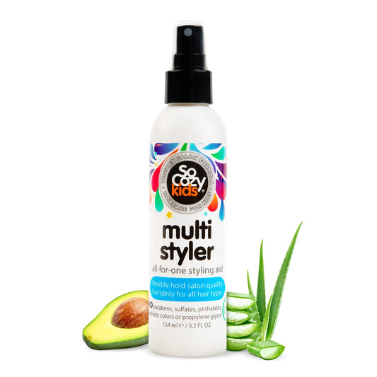 SoCozy Kids Multi Styler Hair Spray | Light Hold Like Gel | With Quinoa, Vitamin B5 & Aloe | Gentle, Safe Daily Use | 5.2 Fl Oz | No Parabens or Sulfates