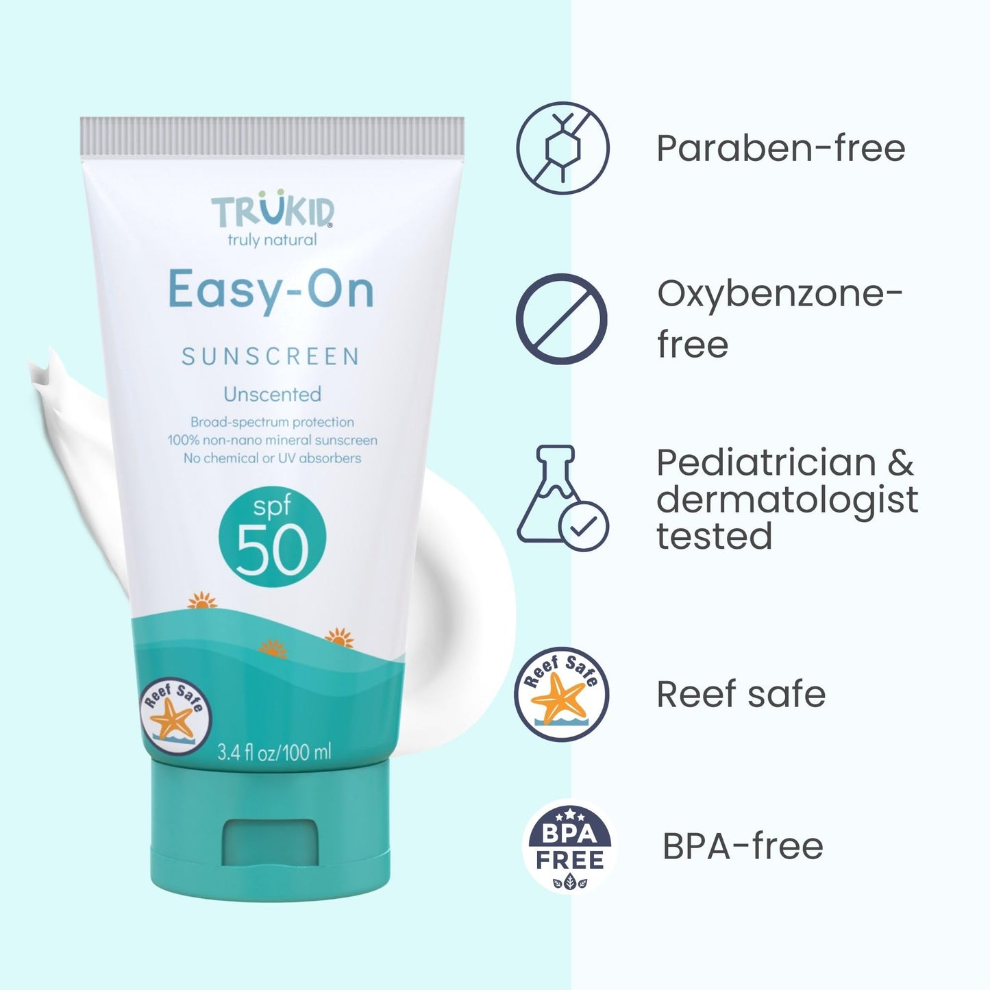 TruKid Easy On Mineral Sunscreen SPF 50 – Natural Kids & Baby Sunblock for Face & Body, Non-Toxic Zinc Oxide, Unscented, Sensitive Skin, 3.4oz FSA Eligible