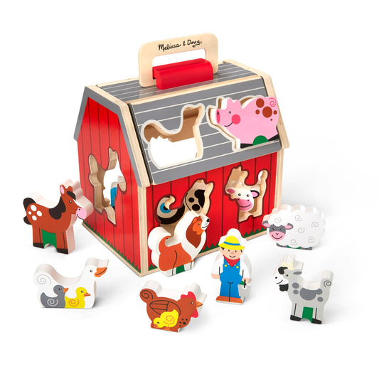 Melissa & Doug Take-Along Wooden Toy Barn, 11-Pc Portable Toddler Playset with Farm Animals & Pop-Up Roof, Preschool Learning Toys for Girls & Boys 2+