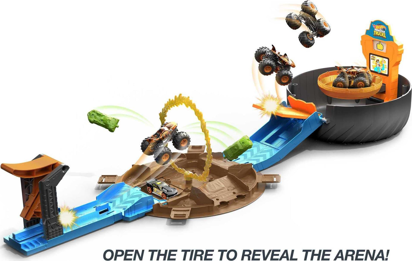 Hot Wheels Toy Monster Trucks Playset, Tire-Shaped Case Transforms into Race Course, 3 Trucks & 4 Cars in 1:64 Scale, Stunt Tire (Amazon Exclusive)