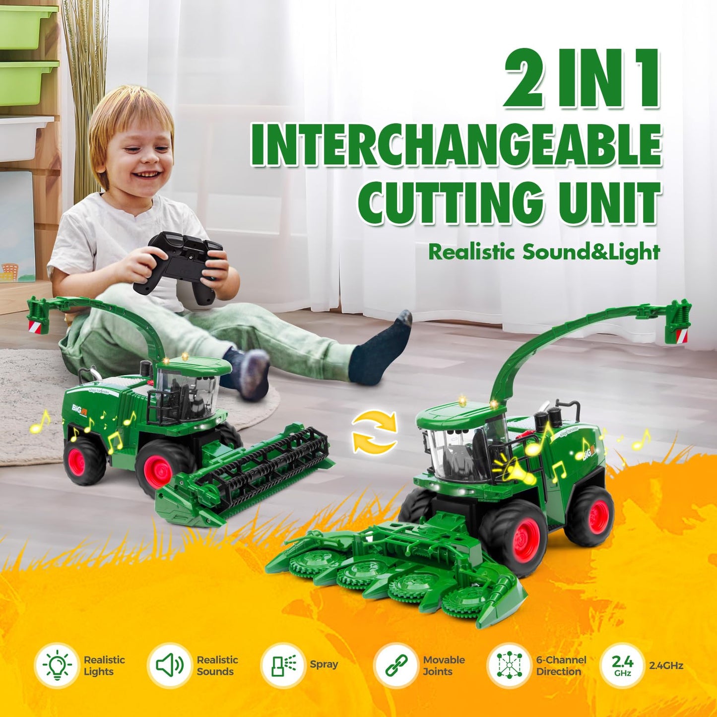 Remote Control Combine Harvester Tractor Toy 1:24 RC Farm Vehicle with Lights, 2 Grain Heads & Rechargeable Batteries for Kids 4-9