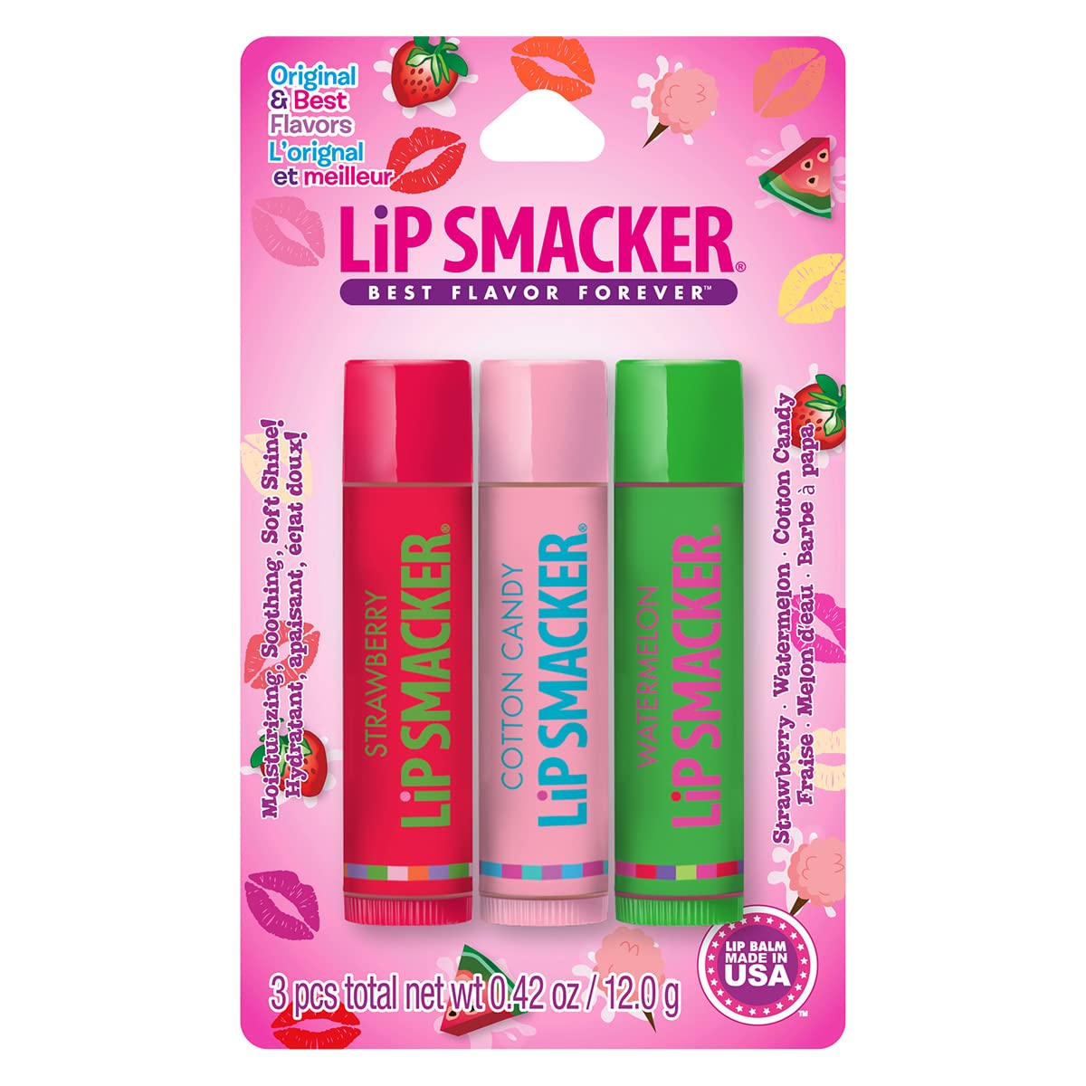 Lip Smackers Flavored Lip Balm Original & Best - Moisturizing, Soothing Trio Strawberry, Watermelon, & Cotton Candy
