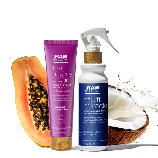 RAW SUGAR Leave-In Conditioner Duo | Multi-Miracle Hair Mist & Mighty Cream | Heat Protectant, Hydrating & Frizz Control Bundle for All Hair Types