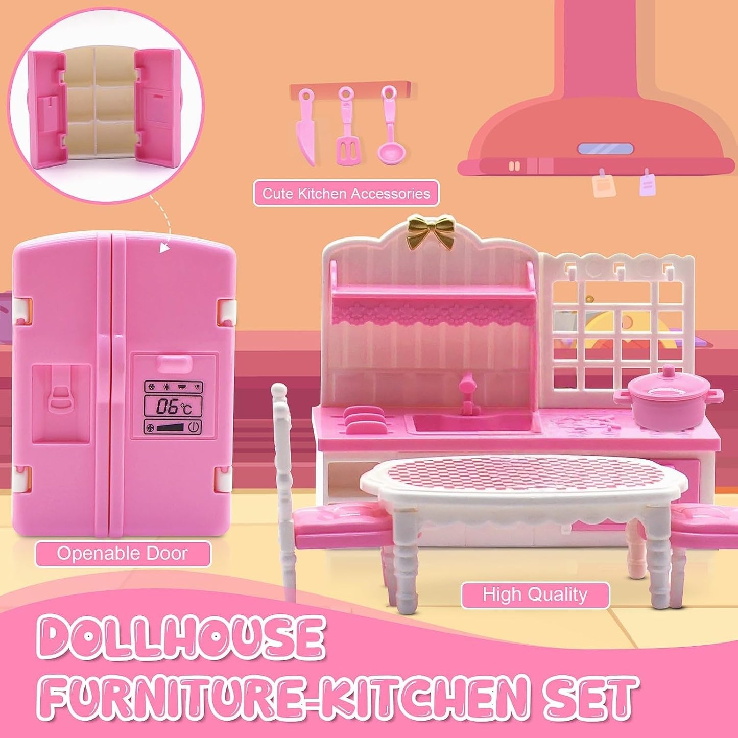 36Pcs Miniature Dollhouse Furniture Set 1:12 Scale with Cat & Dog - Kitchen, Living, Dining, Bedroom Accessories for Playhouse Toy (Pink)