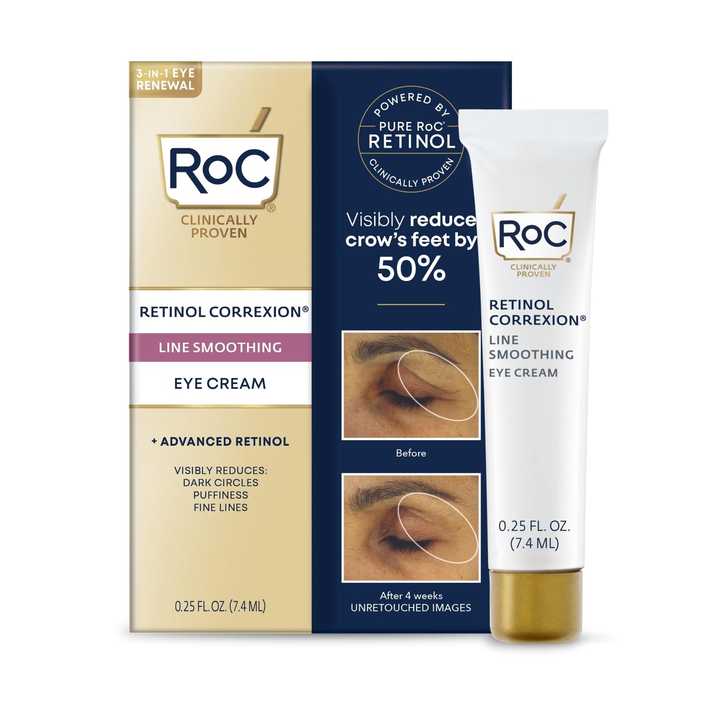 RoC Retinol Correxion Eye Cream Mini for Dark Circles & Puffiness, Daily Wrinkle Cream, Anti Aging Line Smoothing Skin Care Treatment, .25 Ounces