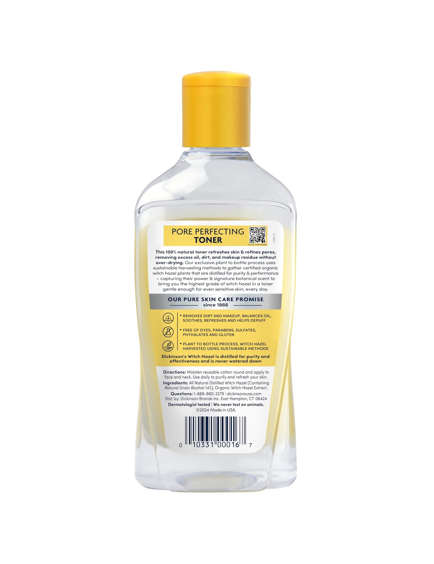 Dickinson's Witch Hazel Pore Perfecting Toner, 100% Natural, Refines Pores, Removes Oil & Impurities, 16 fl oz, America's #1