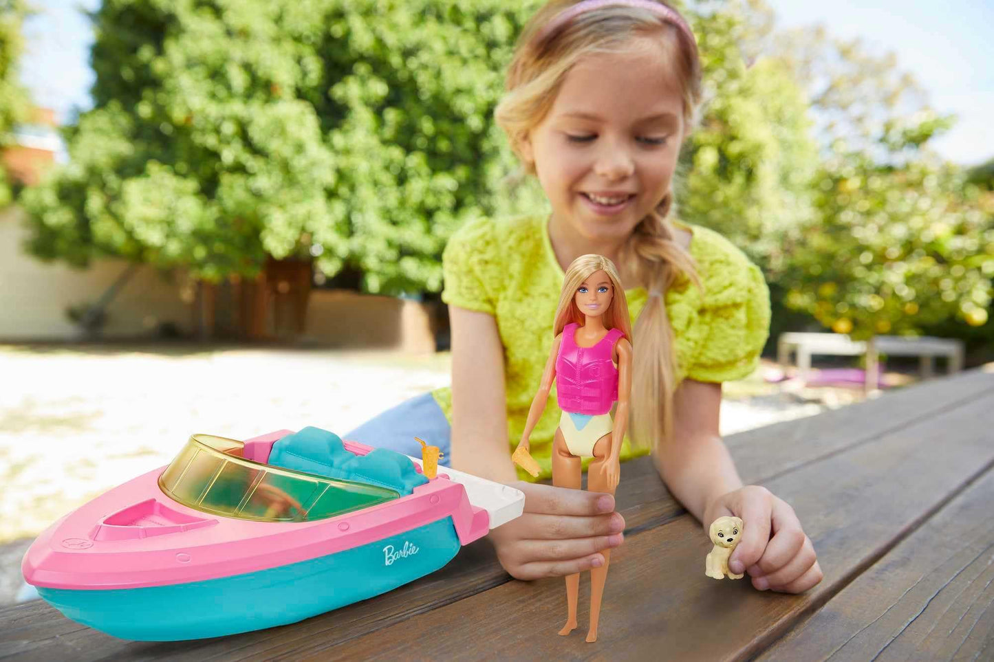 Barbie Boat with Puppy and Themed Accessories, Fits 3 Dolls, Floats in Water, Great Gift for 3 to 7 Year Olds