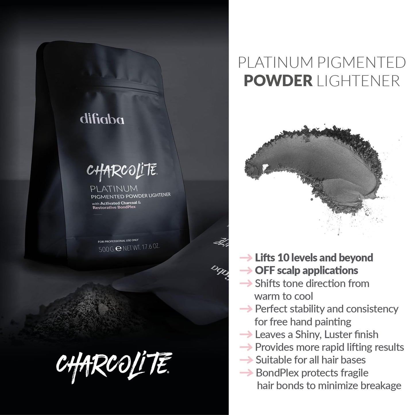 DIFIABA Charcolite Charcoal Bleach Powder - Cool Toning Hair Lightener with Activated Charcoal & BondPlex - Lifts Up to 10 Levels, 500g