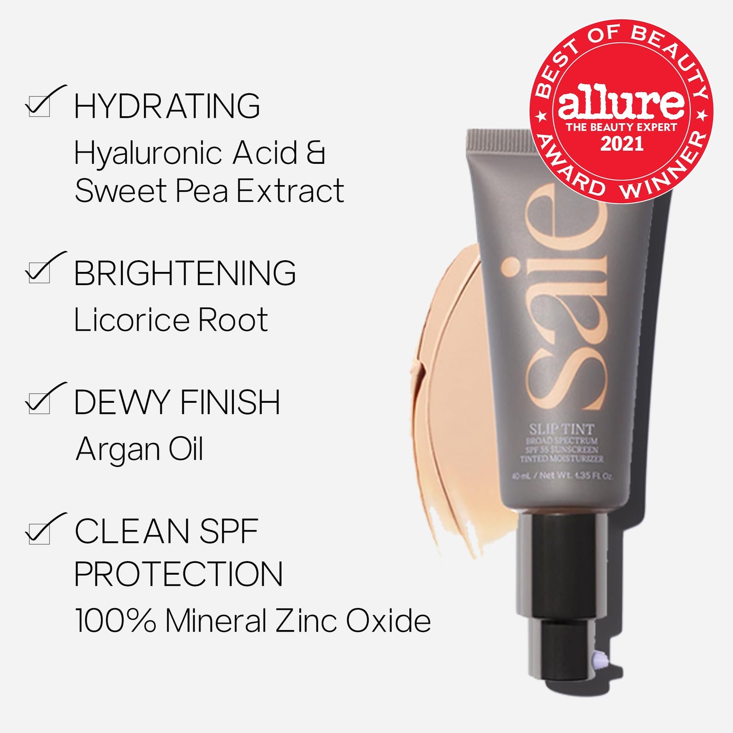 Saie Slip Tint Tinted Moisturizer SPF 35 – Light Coverage Glowy Face Tint with Hyaluronic Acid, Mineral Sunscreen, Shade Three + Half, 1.35 oz