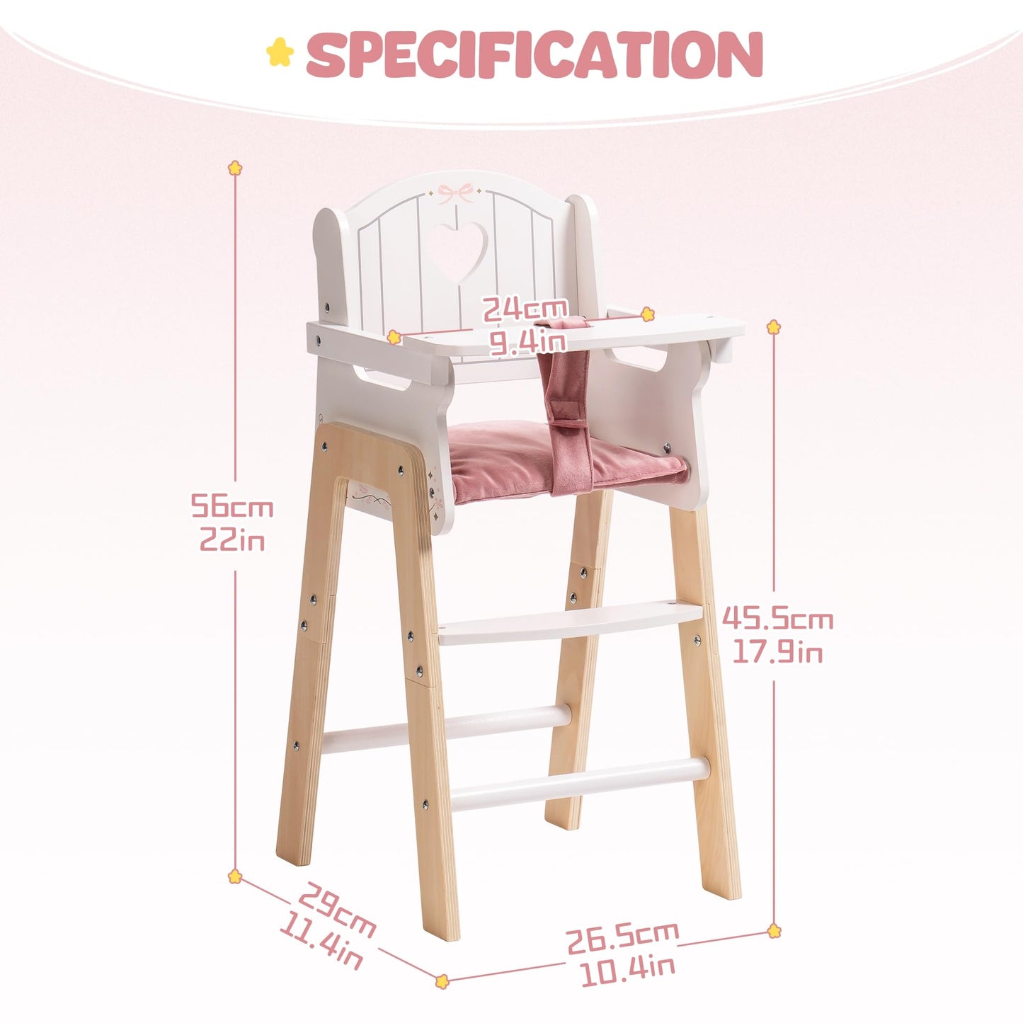ROBOTIME Wooden Baby Doll High Chair, Pink Wooden Baby Doll Chair for 18 Inch Dolls, Pretend Play High Chair Baby Doll Accessories, Small