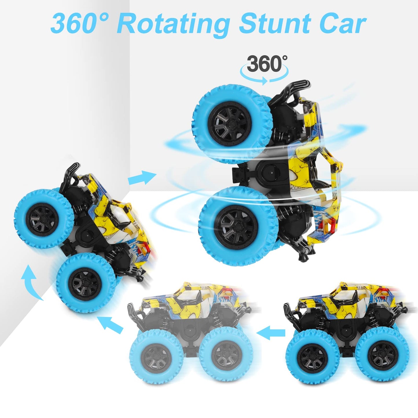 M SANMERSEN Monster Truck Toys for Toddlers 2-4, Friction Push & Go 360° Stunt Cars, 2-Pack Blue & Green Gift Set for Boys & Girls