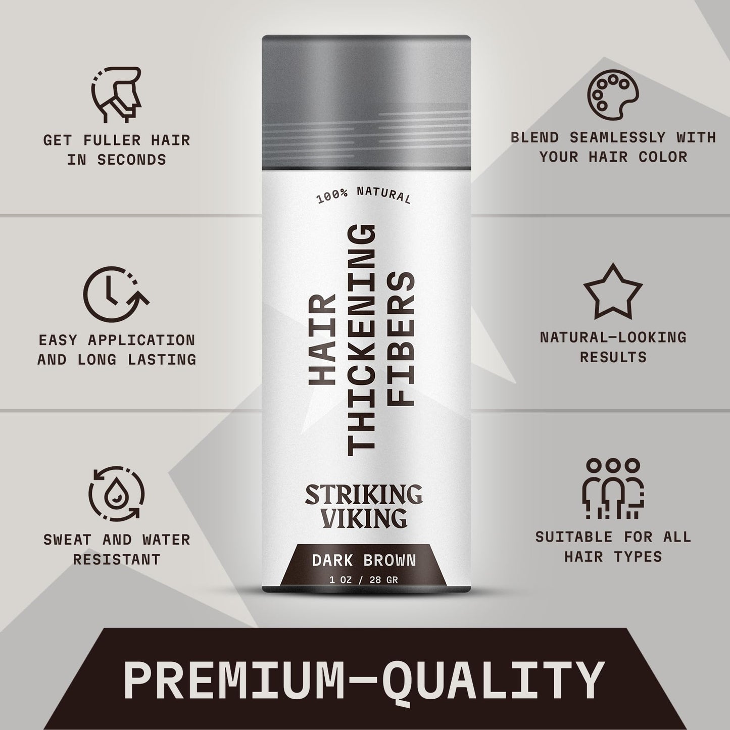 Striking Viking Hair Building Fibers for Thinning Hair - Dark Brown, 0.98 oz – Long-Lasting, Natural Hair Filler Powder for Men & Women