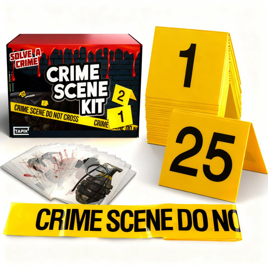 Halloween Crime Scene Decorations Kit - Mystery Dinner Party Supplies with Crime Scene Tape, 25 Evidence Markers & 25 Crime Object Cards