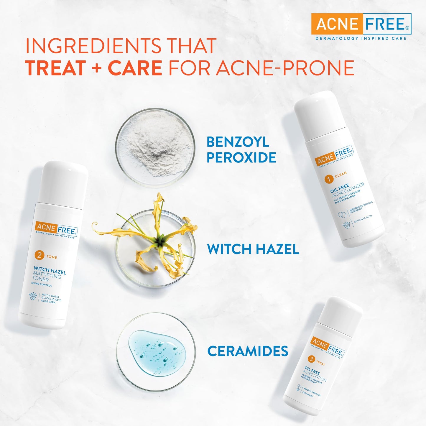 Acne Free 3 Step 24-Hour Acne Treatment Kit - Oil-Free Cleanser, Witch Hazel Toner & Acne Lotion with Benzoyl Peroxide for Teens & Adults