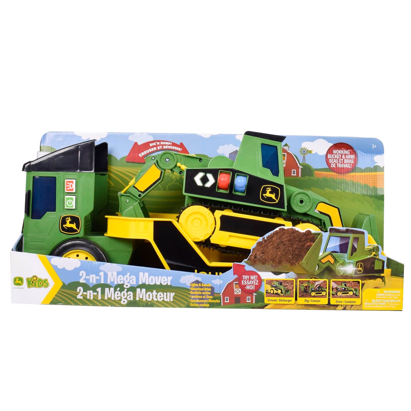 John Deere 2ft Extra Large Mega Mover Dual Joystick Motorized Trucks: Front Loader & Hoe with Trailer, Lights, Sounds Construction Toys for Kids 3+