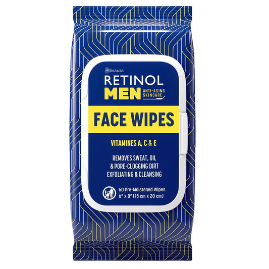 LIVAURA Retinol Men Facial Wipes – Anti-Aging Cleansing Towelettes, Removes Sweat, Oil & Dirt, No Residue, 60 Count