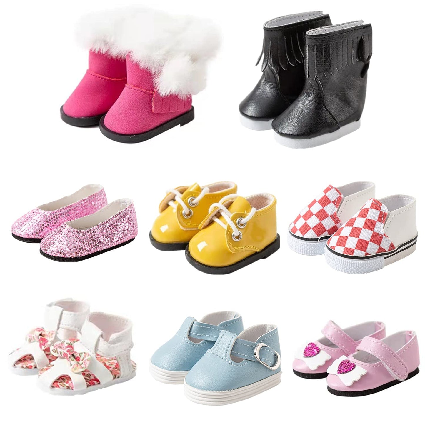 8 Pairs Doll Shoes Fit 14.5 inch American Doll Wellie Wishers Doll Including Boots, Sandals, Sneakers, Leather Shoes, etc