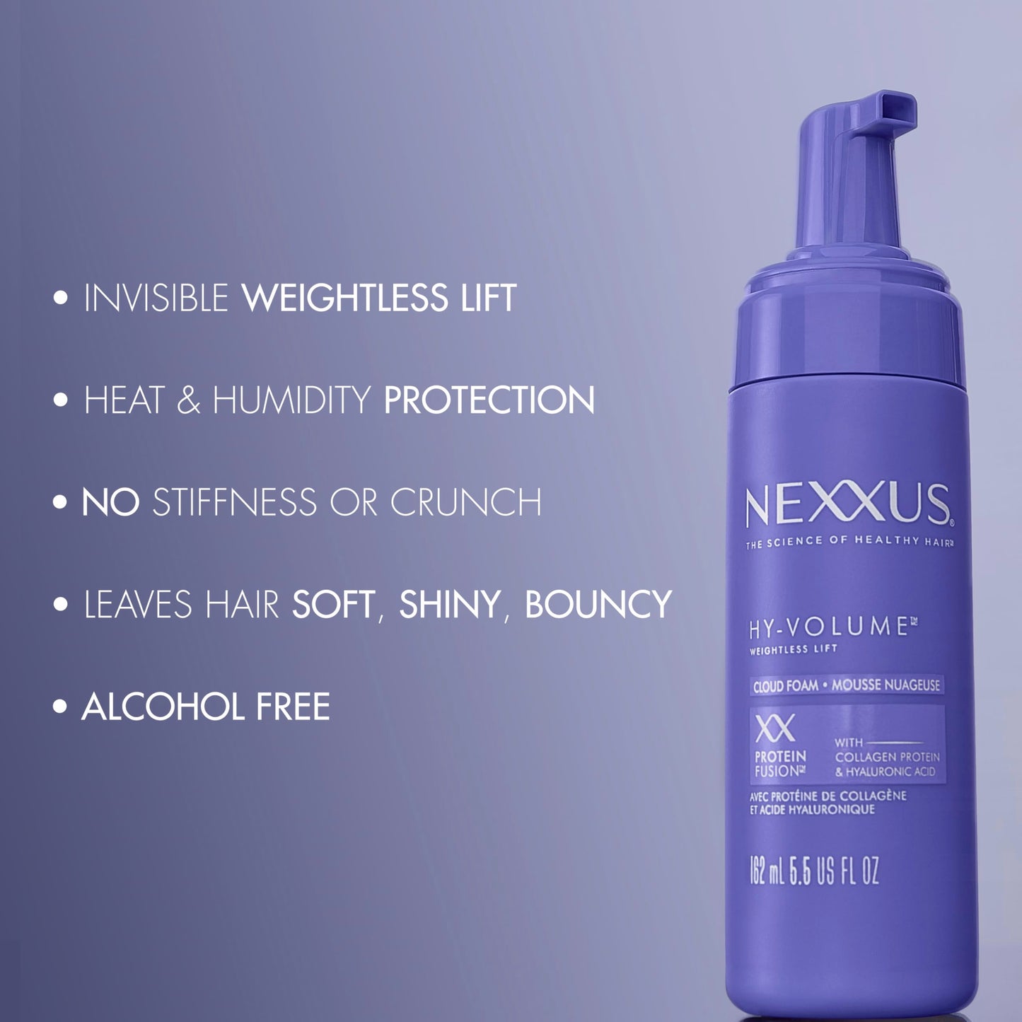 Nexxus Hy-Volume Weightless Lift Cloud Foam Treatment for Flat & Limp Hair, 48 Hours Volume, ProteinFusion with Collagen & Hyaluronic Acid, 5.5 fl oz