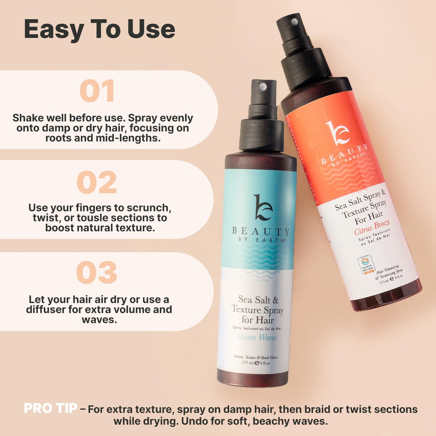 Beauty by Earth Sea Salt Spray for Textured Beach Waves & Volume - USA Made with Organic Ingredients, Texturing and Volumizing Spray for Fine Hair for Men & Women