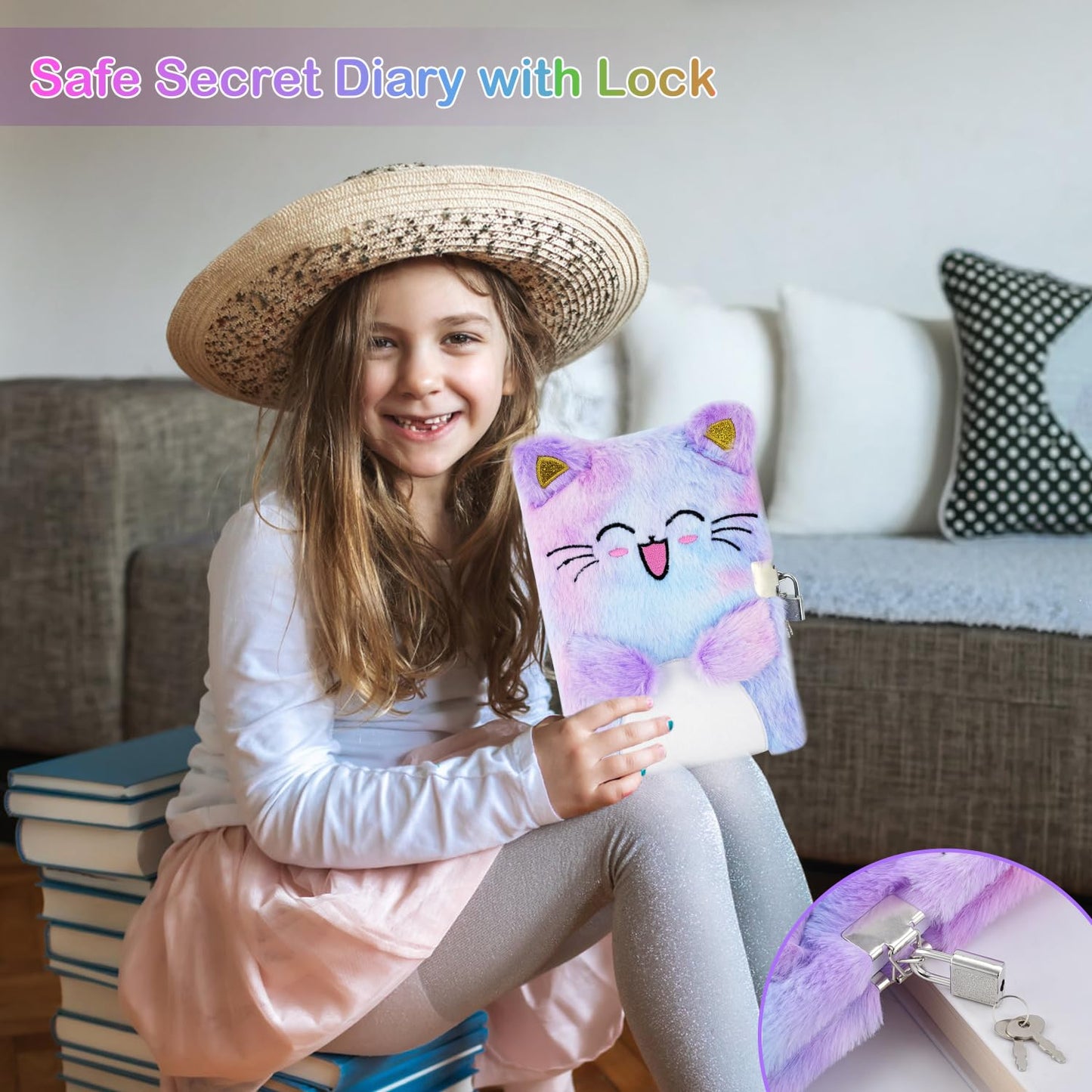 PJDRLLC Cat Diary with Lock for Girls 6-8 – Secret Journal Notebook with Coin Purse, Pen, Stickers & Post-its – Birthday Gift (A Happy Cat)