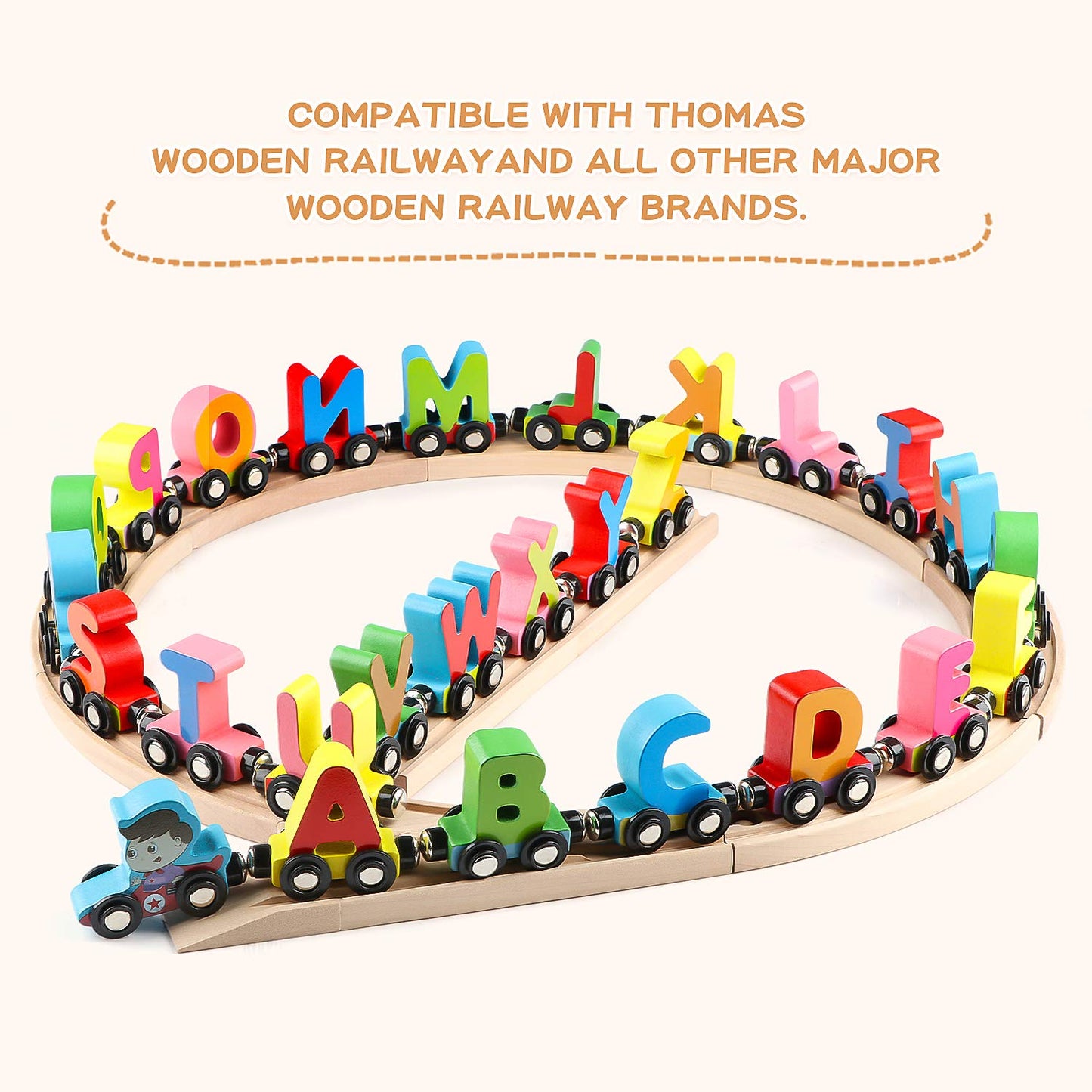 Wondertoys Wooden Alphabet Train Toy 27PCS Magnetic ABC Letters with 42 Flash Cards, Engine & Storage Box for Toddlers & Kids