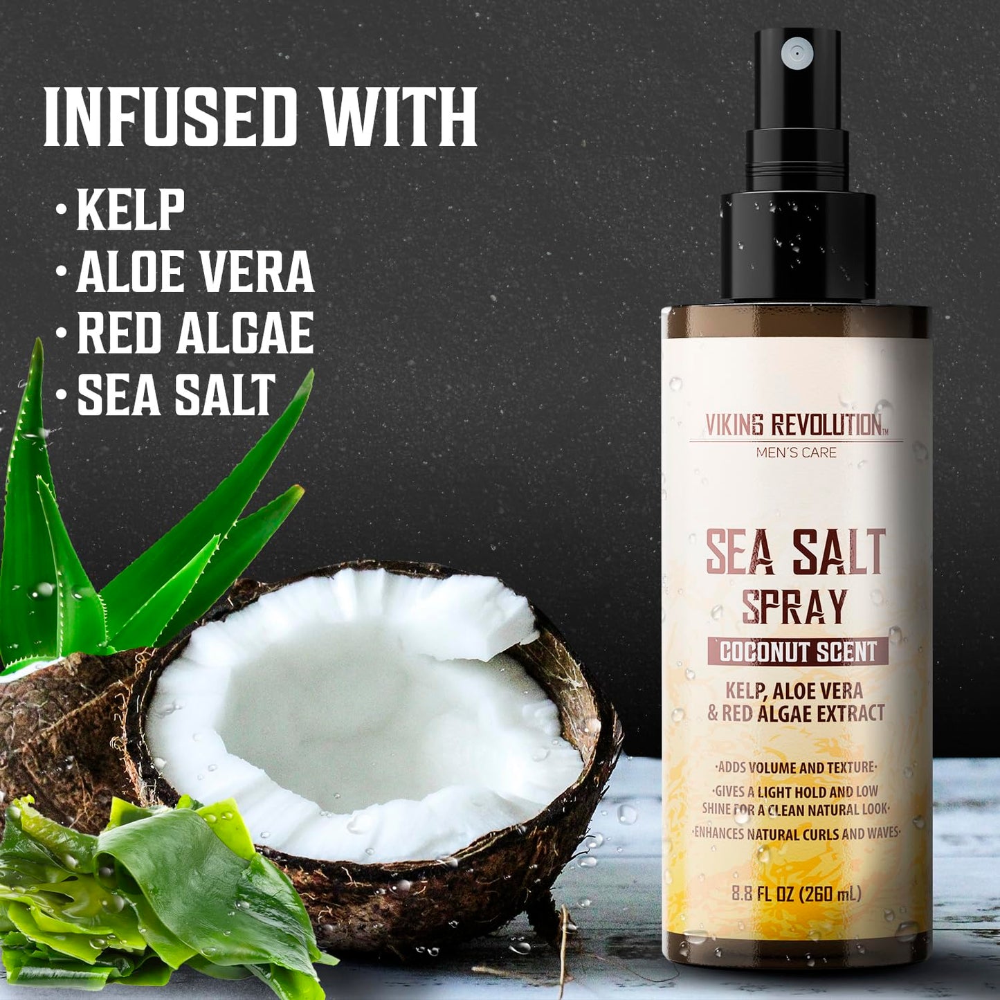 Viking Revolution Coconut Sea Salt Spray for Men – Texturizing Hair Spray with Kelp, Aloe Vera & Red Algae – Adds Volume, Texture & Beach Waves