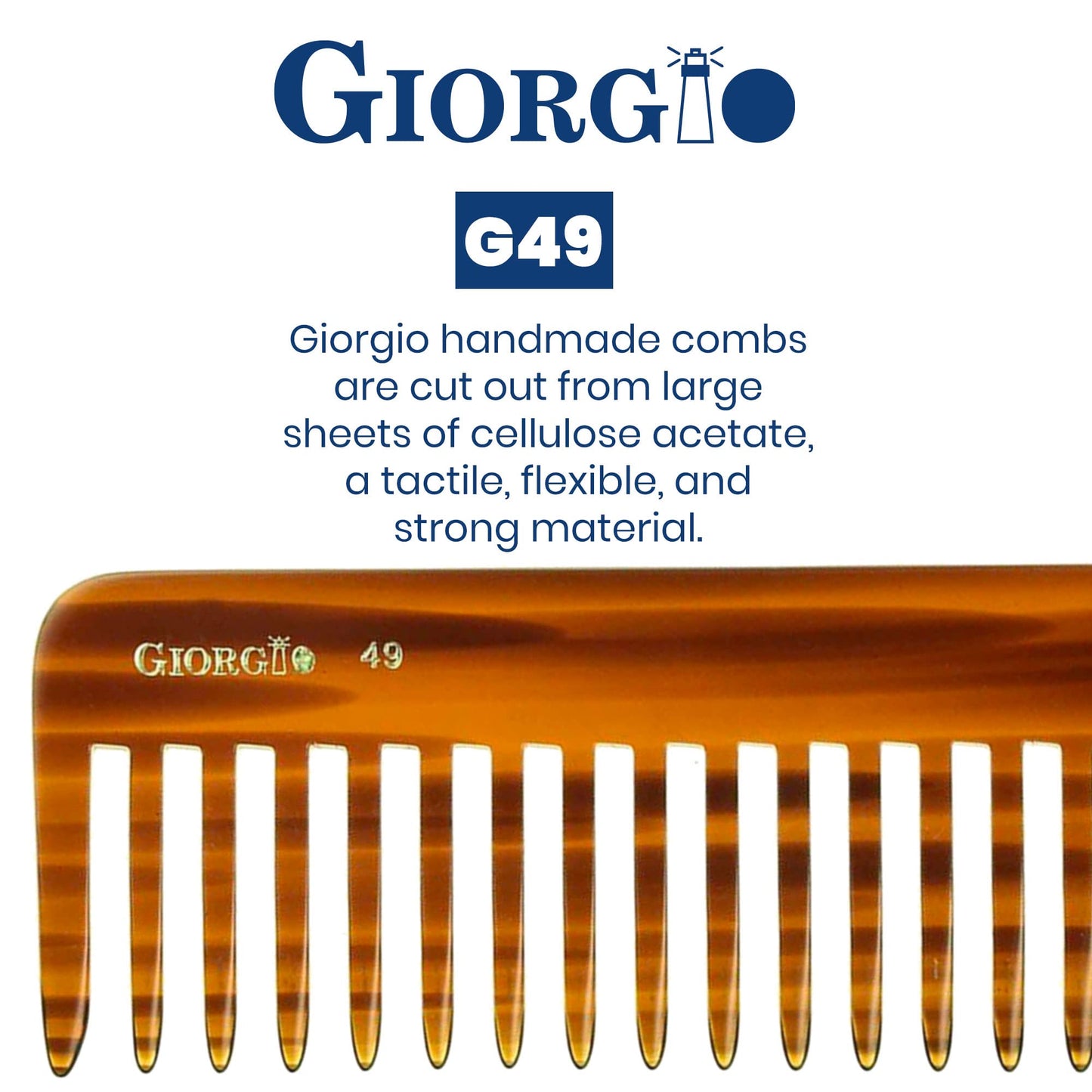 Giorgio G49 Large 5.75" Wide Tooth Detangling Comb for Thick, Curly & Wavy Hair – Handmade Cellulose, Saw-Cut & Polished Tortoise Shell