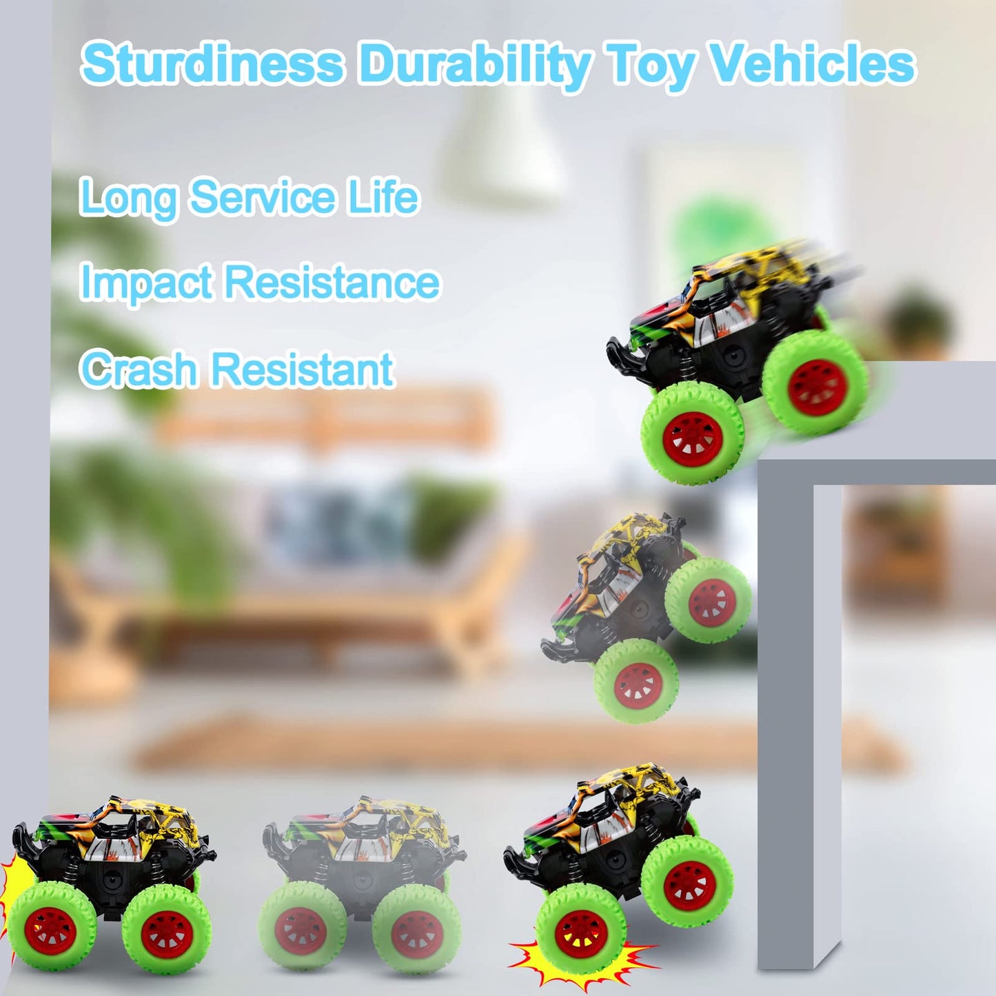 M SANMERSEN Monster Truck Toys for Toddlers 2-4, Friction Push & Go 360° Stunt Cars, 2-Pack Blue & Green Gift Set for Boys & Girls