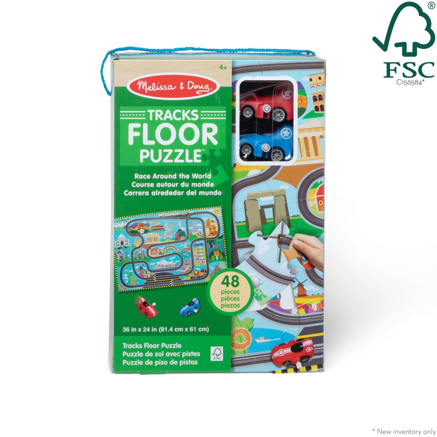 Melissa & Doug Race Around the World Floor Puzzle – 48-Piece Jigsaw with Wind-Up Vehicles, FSC-Certified, Educational Toy for Kids Ages 4+