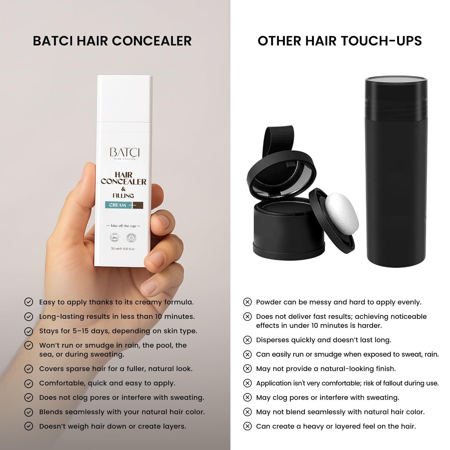 BATCI Hair Concealer for Thinning Hair – Root Touch Up & Filler Cream for Men & Women – Instantly Covers Bald Spots & Gray Roots, 30ml