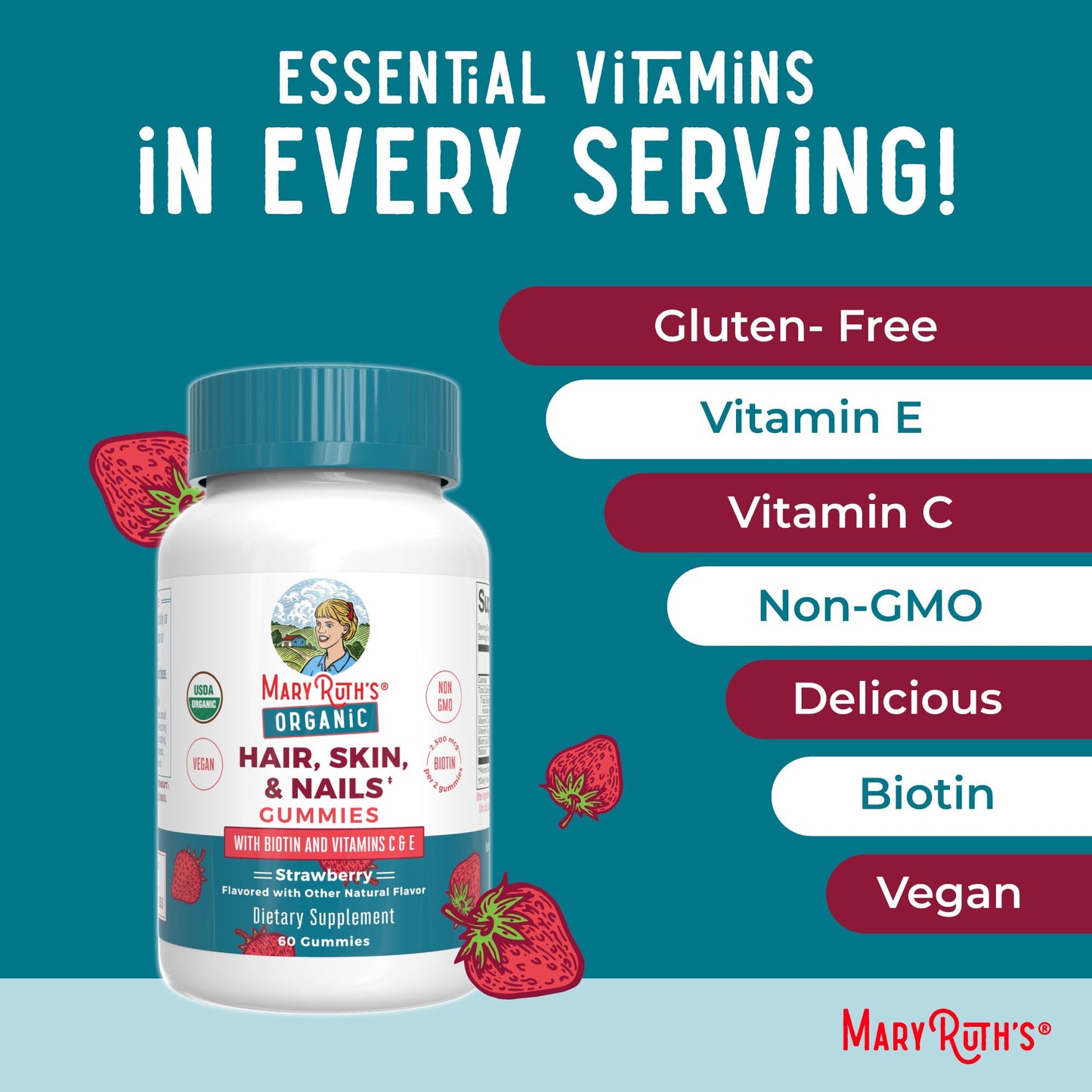 MaryRuth’s Organic Hair, Skin & Nail Gummies | 2500 mcg Biotin with Vitamins C & E | Supports Hair Growth, Glowing Skin & Strong Nails | 60 Ct