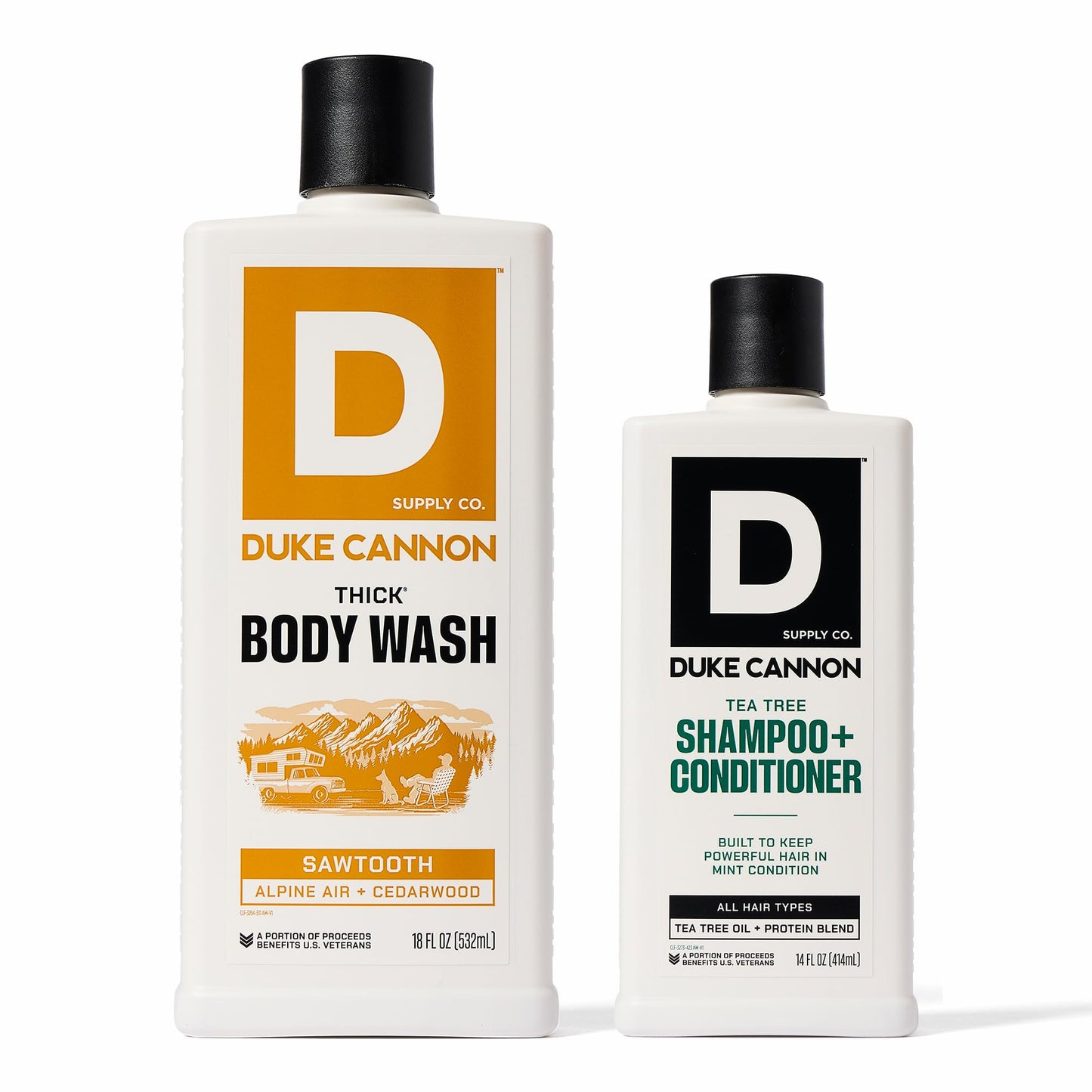 Duke Cannon 2-in-1 Tea Tree Hair Wash & Sawtooth Body Wash Bundle – Deep Clean, Refreshing Masculine Scent, Gentle Hair & Body Cleanser – 2 Pack