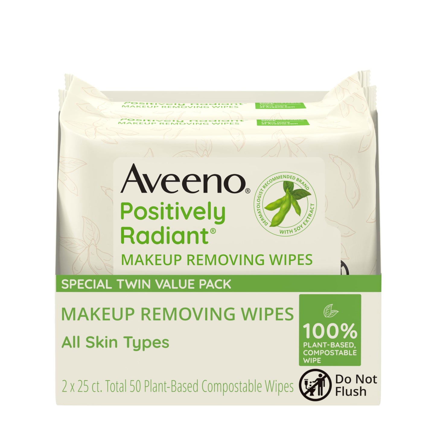 Aveeno Positively Radiant Alcohol-Free Makeup Removing Face Wipes, Gentle, Non-Comedogenic, Plant-Based, Compostable, 50 Count (2x25)