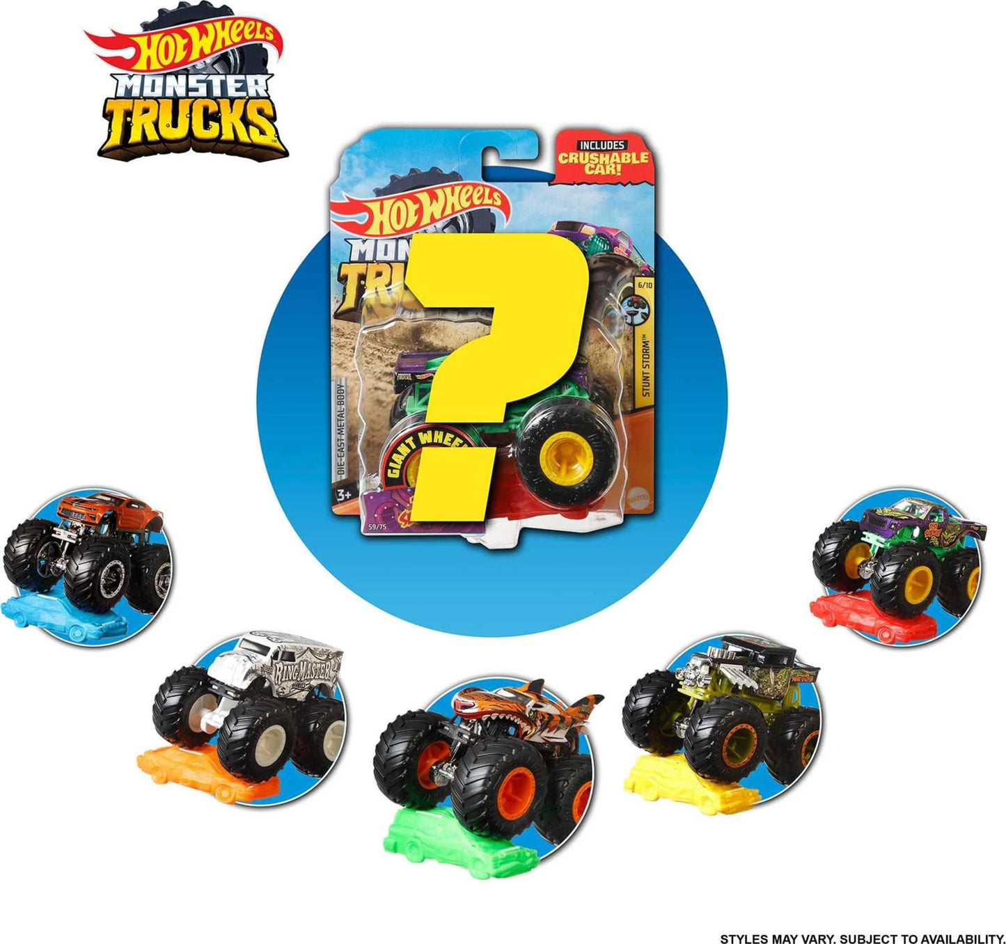 Hot Wheels Monster Trucks Set, 1 Toy Truck in 1:64 Scale & 1 Crushable Car, Vehicle Play for Kids & Collectors (Styles May Vary)
