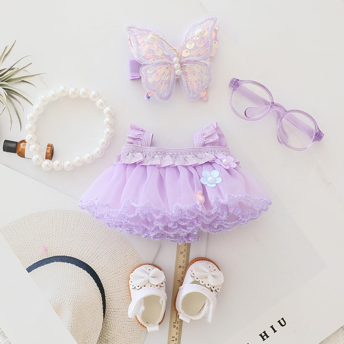 Labubu Doll Clothes Set – 5-Piece Purple Butterfly Tulle Skirt Outfit, Dress-Up Accessories for 15–17cm Dolls