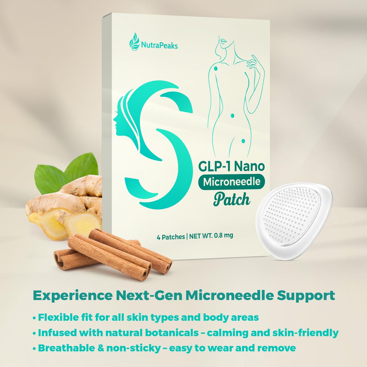 NutraPeaks GLP-1 Nano Patch – Body Shaping & Skin Firming Care with Ginger Extract, Gentle Massage, 4 Patches for Women & Girls