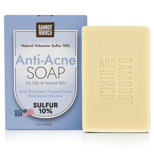 BAMBOO & BIRCH Sulfur Acne Soap Bar 10% with Salicylic Acid – Face & Body, Reduces Oil & Pimples, 3.5 oz, All Skin Types