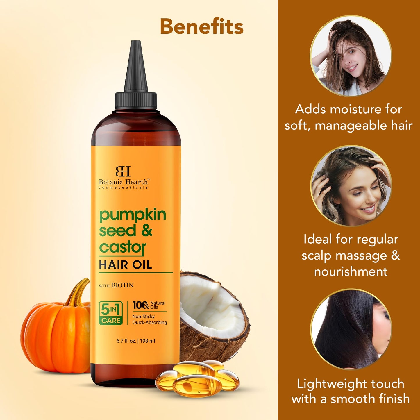 Botanic Hearth Pumpkin Castor Oil for Hair Growth | 100% Pure Oil with Pumpkin, Castor & Biotin | Repairs, Strengthens & Nourishes Dry Hair, 6.7 fl oz