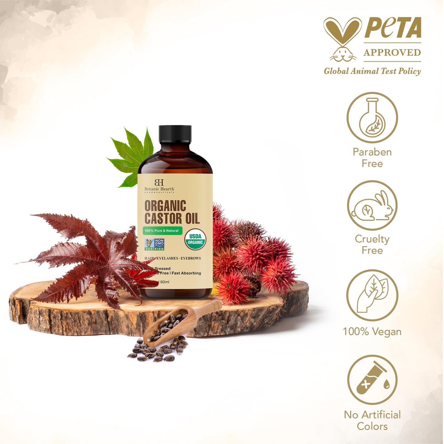 Botanic Hearth 100% Pure Castor Oil, Cold Pressed & Organic – 2 fl oz | For Hair, Eyelashes & Eyebrows | Hexane-Free, Fast Absorbing with Dropper