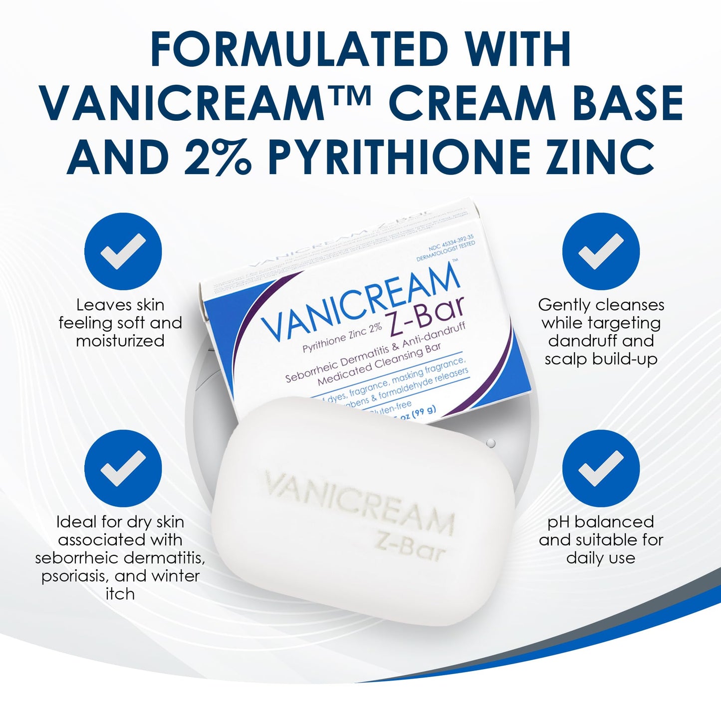 Vanicream Z Bar Medicated Soap for Seborrheic Dermatitis & Dandruff, 2% Pyrithione Zinc, Soothes Itching & Redness, 3.5 oz