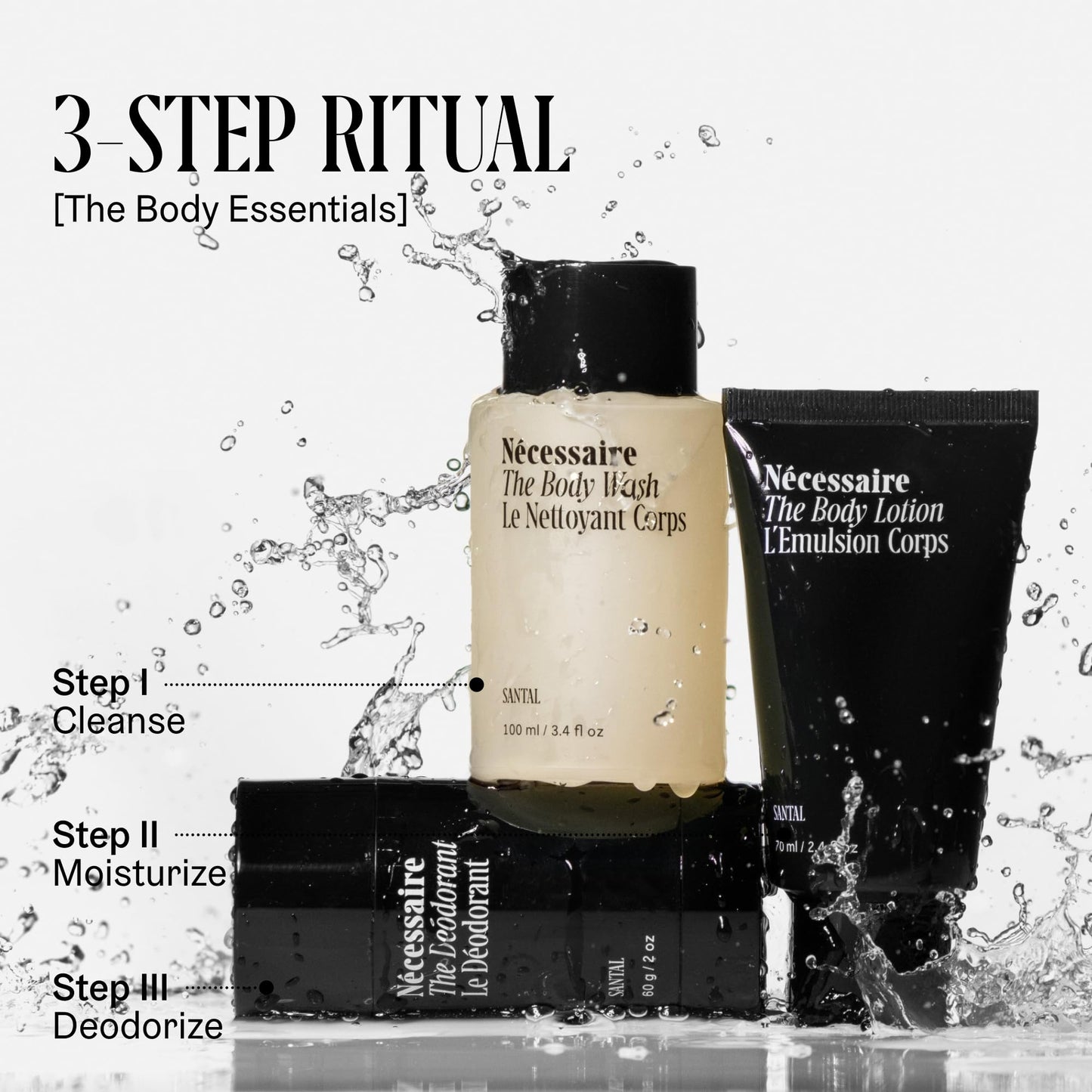 Nécessaire Body Essentials 3-Piece Set – Santal Body Wash, Lotion & Aluminum-Free Deodorant – Travel Size, Hypoallergenic, Dermatologist-Tested