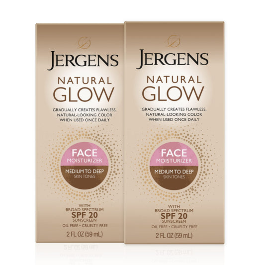 Jergens Natural Glow Face Self Tanner SPF 20, Oil-Free Daily Moisturizer for Medium to Deep Skin, Sunless Tan & UV Protection, 2 Oz (2 Pack)