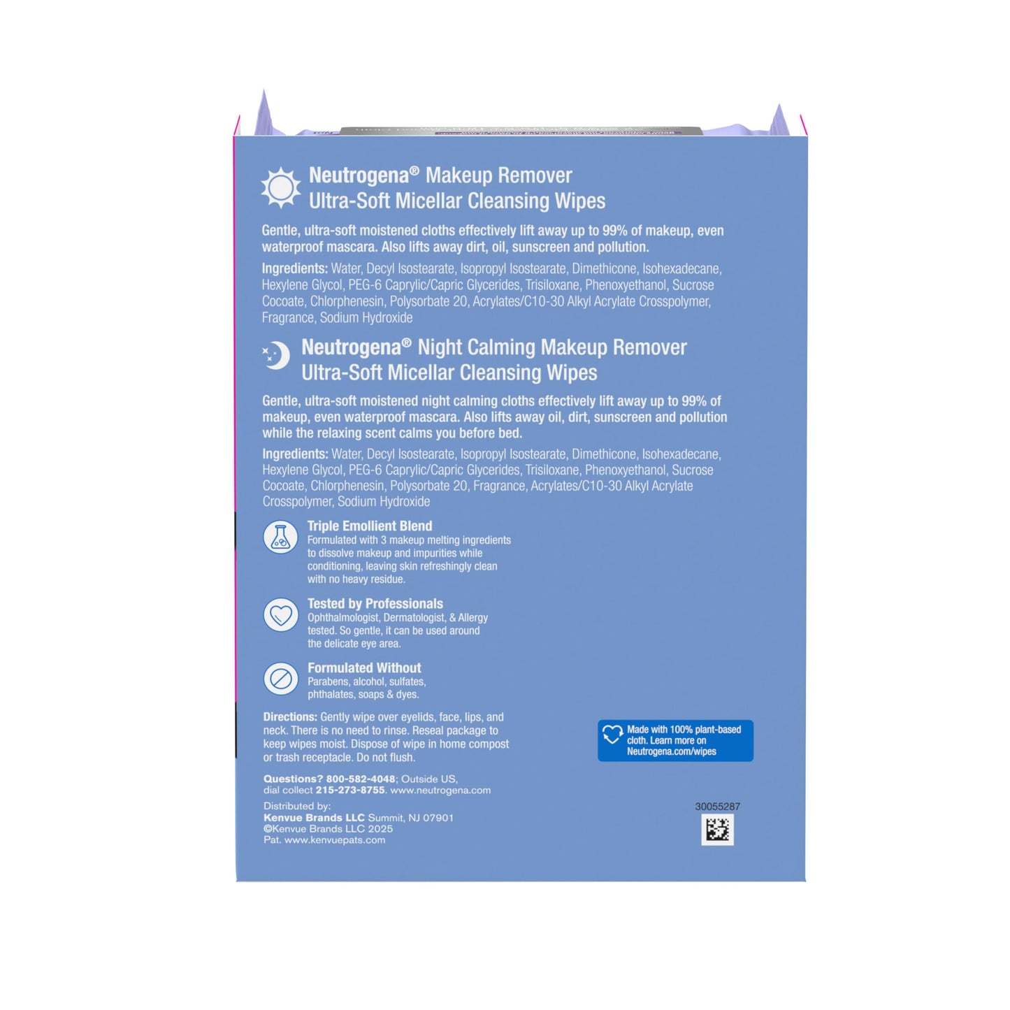 Neutrogena Day & Night Facial Cleansing Wipes, Makeup Remover & Calming Towelettes, 100% Plant-Based, 3 Packs of 25