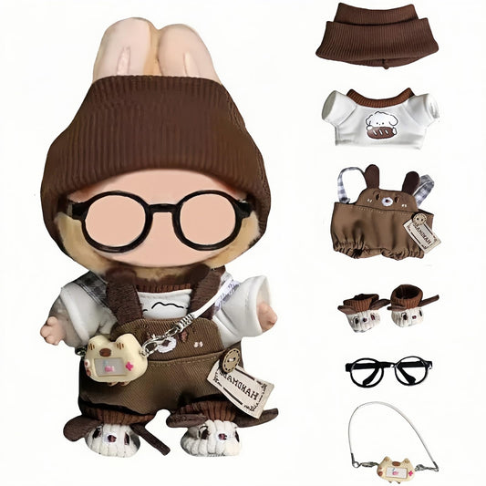 6-Piece 17cm Doll Clothes Set – T-Shirt, Overalls, Hat, Glasses, Camera & Shoes Accessories for 17cm Dolls, No Doll Included