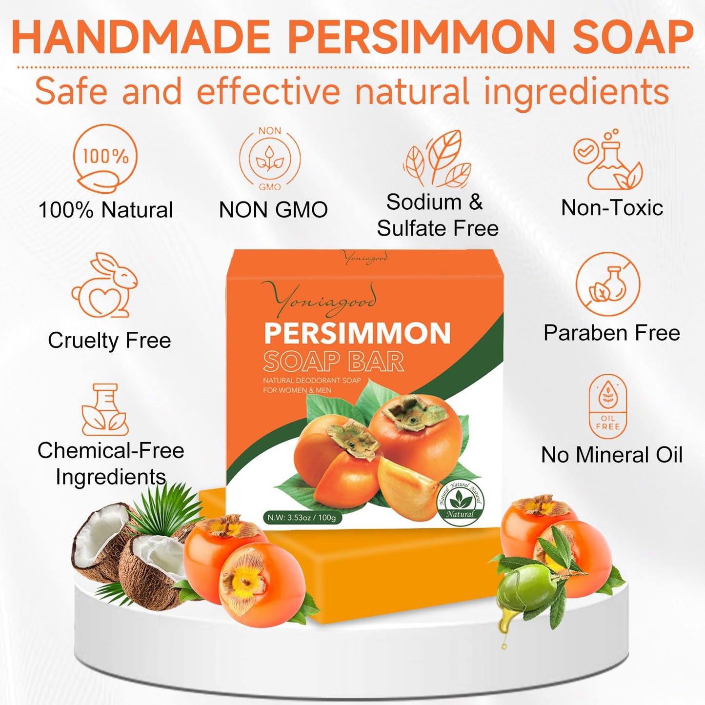 Yoniagood 3-Pack Persimmon Soap Bars – Natural Deodorant Body Soap for Odor Control, Removes Strong Smell, Organic for Men & Women