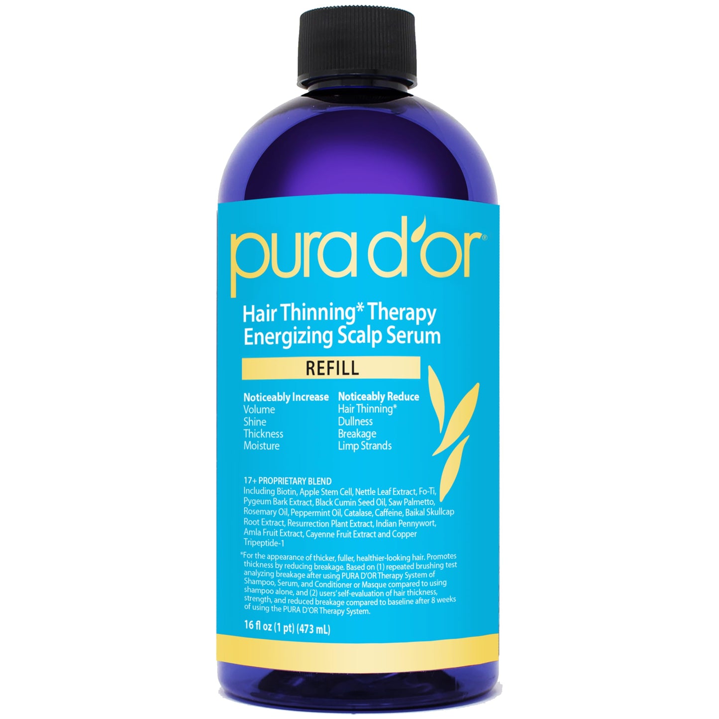 PURA D'OR Hair Thinning Therapy Scalp Serum Revitalizer Refill 16oz – With Argan Oil, Biotin, Caffeine & Stem Cell for Men & Women